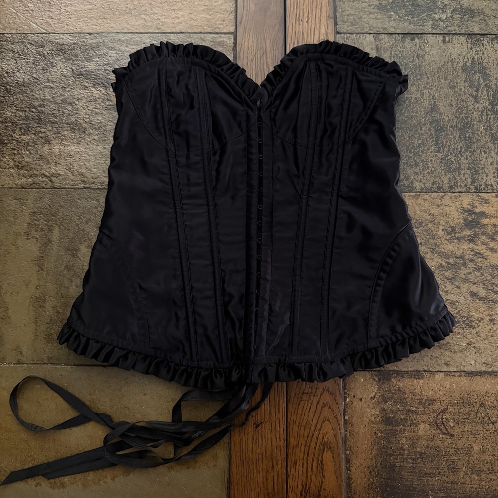 Victoria's Secret Satin Lace Up Black Corset Hook Closure Size SMALL Strapless
